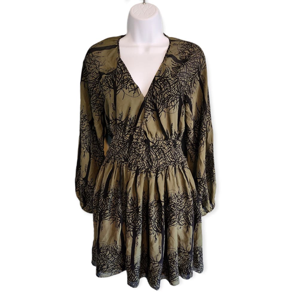 Mara Hoffman Silk Tree Pattern Dress Olive Green & Black Open Back V Neck