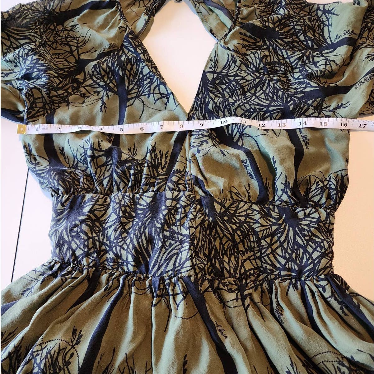 Mara Hoffman Silk Tree Pattern Dress Olive Green & Black Open Back V Neck
