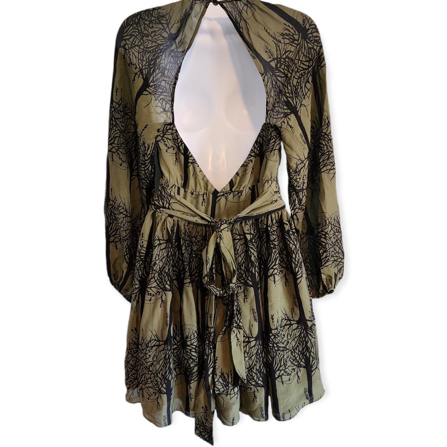 Mara Hoffman Silk Tree Pattern Dress Olive Green & Black Open Back V Neck