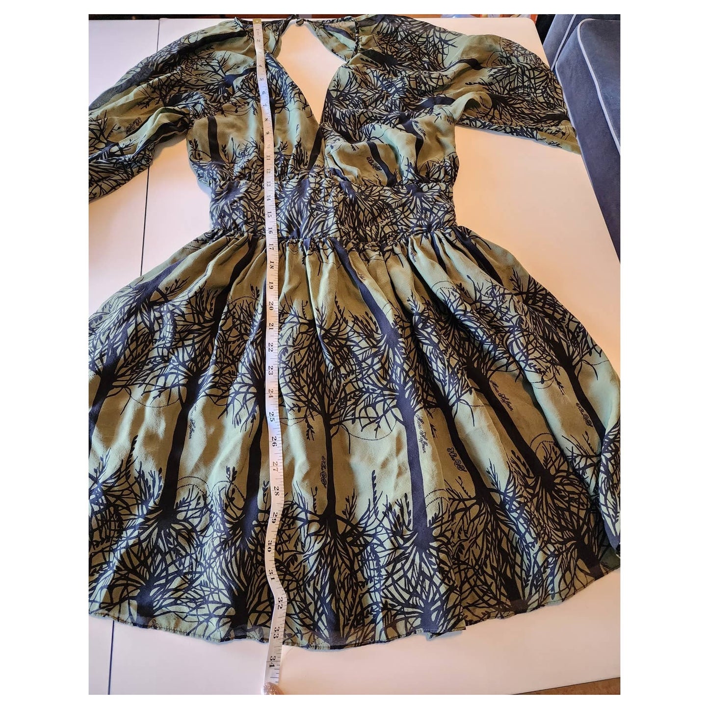 Mara Hoffman Silk Tree Pattern Dress Olive Green & Black Open Back V Neck