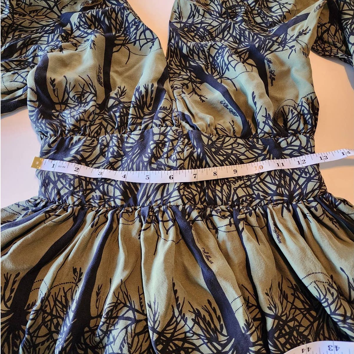 Mara Hoffman Silk Tree Pattern Dress Olive Green & Black Open Back V Neck