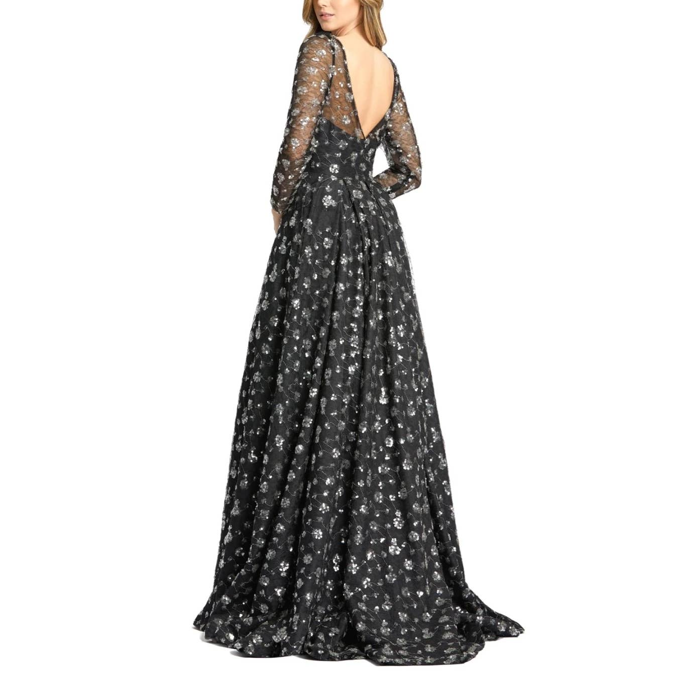 Mac Duggal Floral Sequined Sheer Top Low Back Long Sleeve Black Lace Gown 12360D