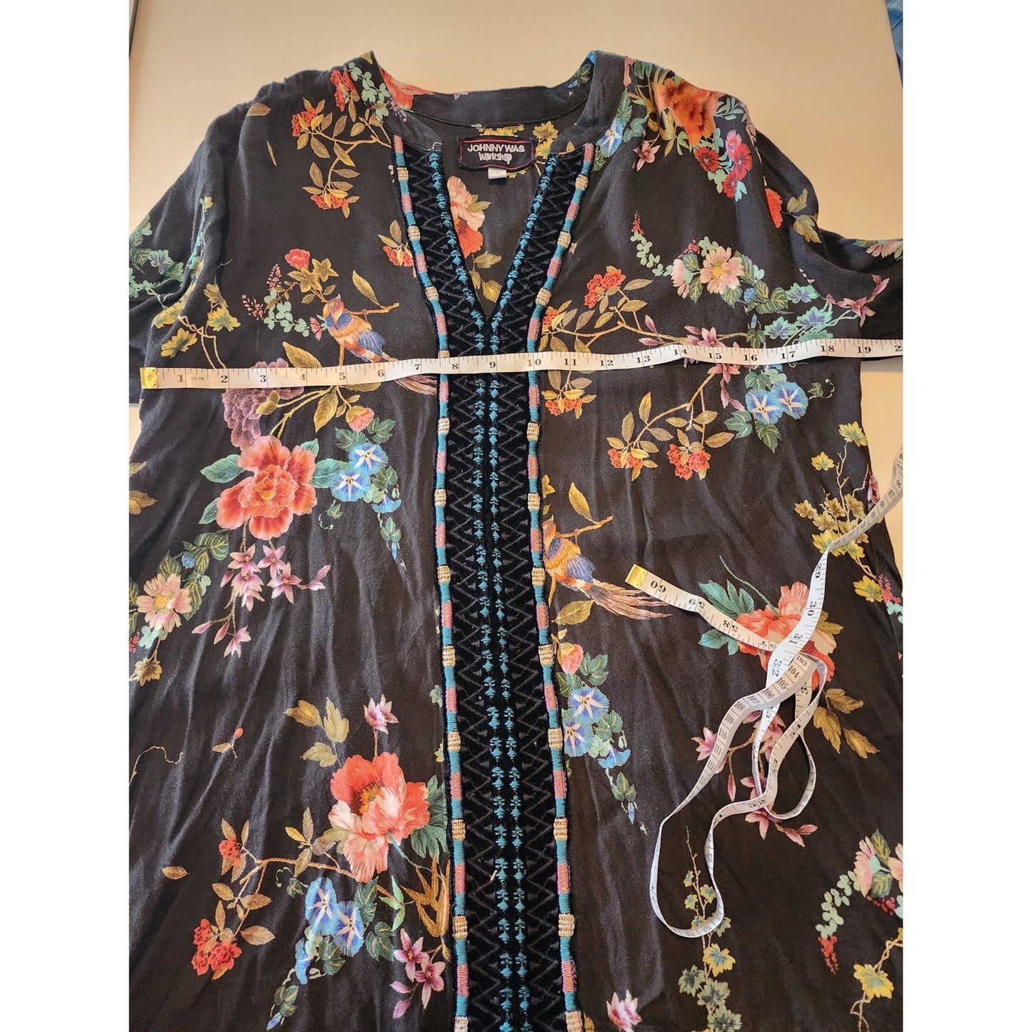 Johnny Was Black Floral Blouse V Neck with Velvet Trim Size Small