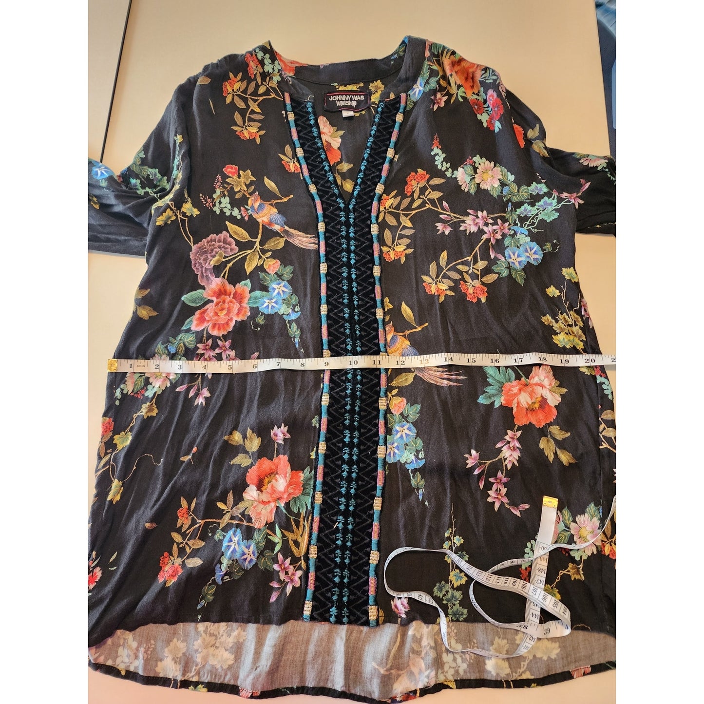 Johnny Was Black Floral Blouse V Neck with Velvet Trim Size Small