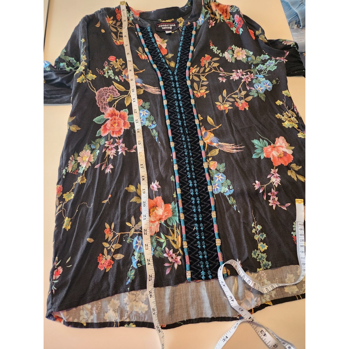 Johnny Was Black Floral Blouse V Neck with Velvet Trim Size Small