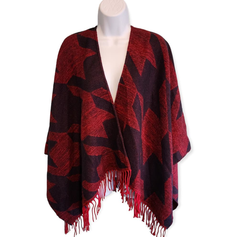 Maje Fringed Poncho Shawl Wool Blend Ermine Red Houndstooth Southwestern Style