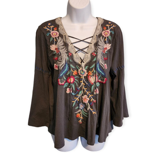 Johnny Was Long Sleeve Top Floral Boho V-Neck Lace Up Embroidered  Size S