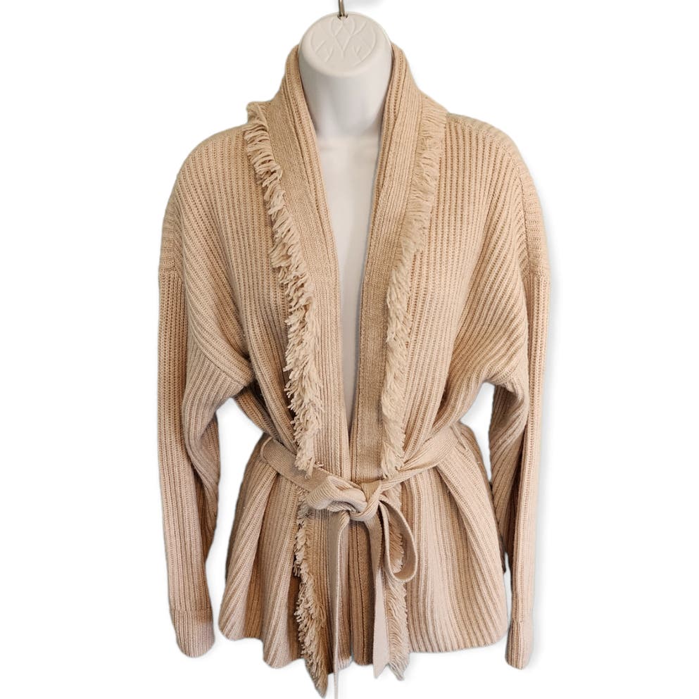 Intermix Women's Charlie Cardigan Wool Cashmere Blend Fringed Ribbed size Small