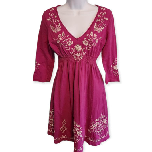 Johnny Was Dress Pink Embroidered Cotton Size XS