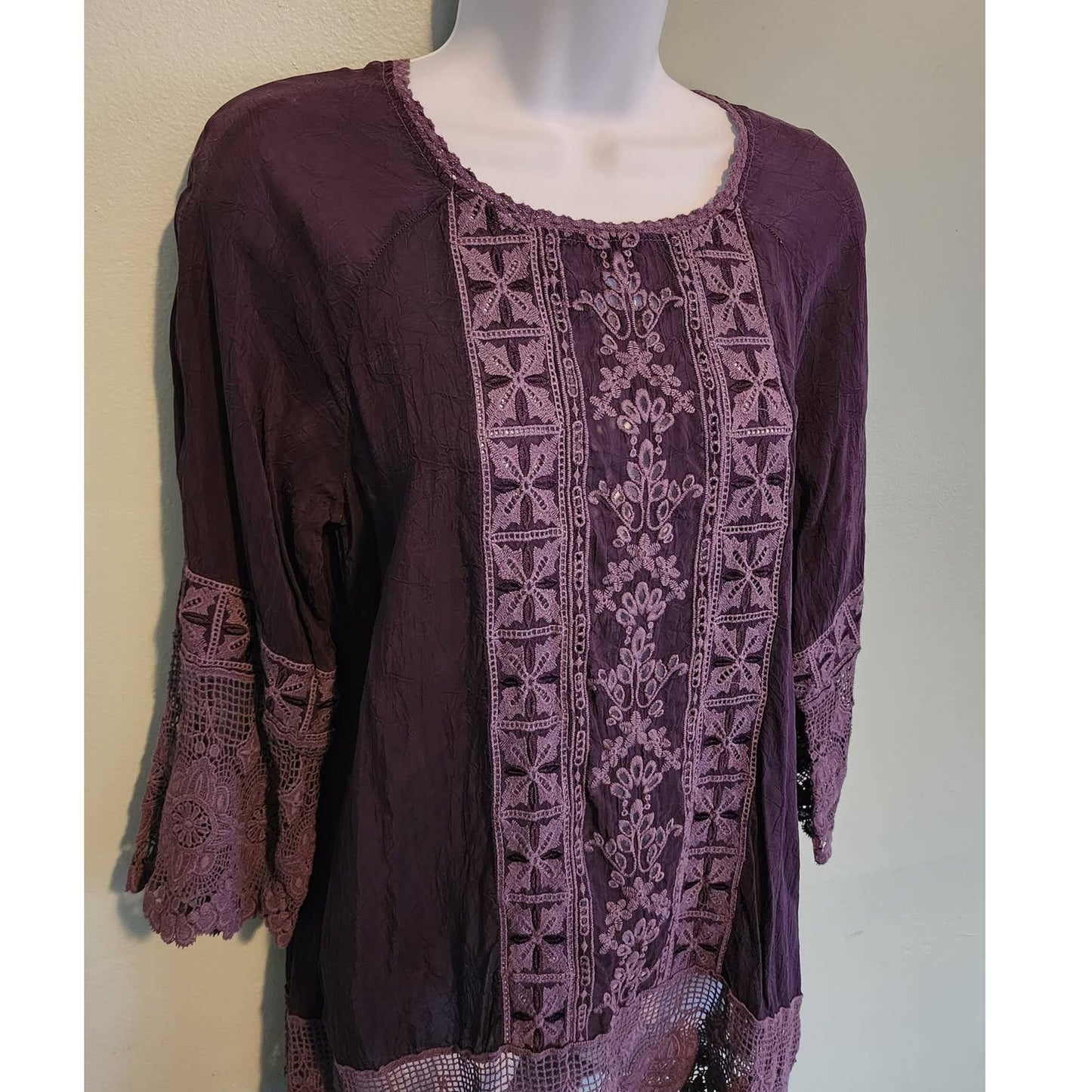 Johnny Was Purple Embroidered Lace Tunic Top Oversized Size XS