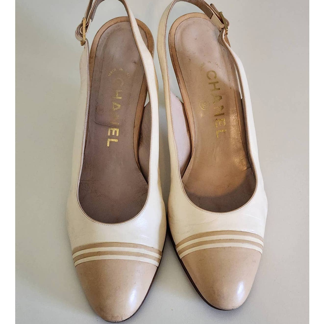 Vintage Chanel Cream and Tan Leather Slingback Heels