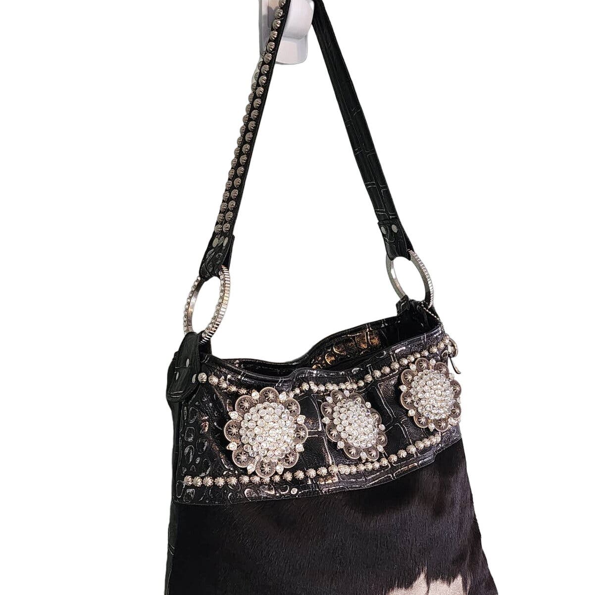 Raviani Shoulder Bag Black Calf Hair & Croc Embossed Leather Crystal Studded