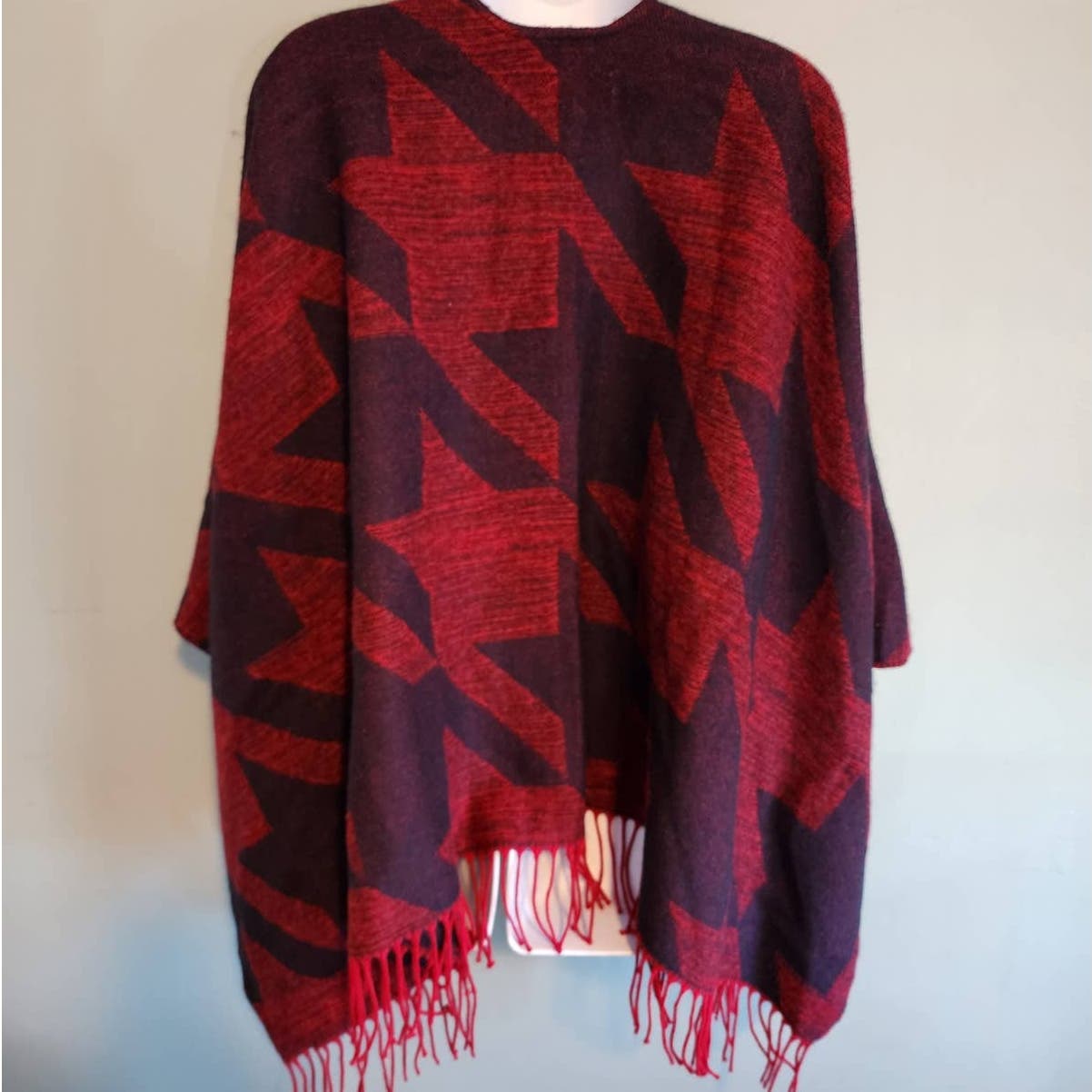 Maje Fringed Poncho Shawl Wool Blend Ermine Red Houndstooth Southwestern Style