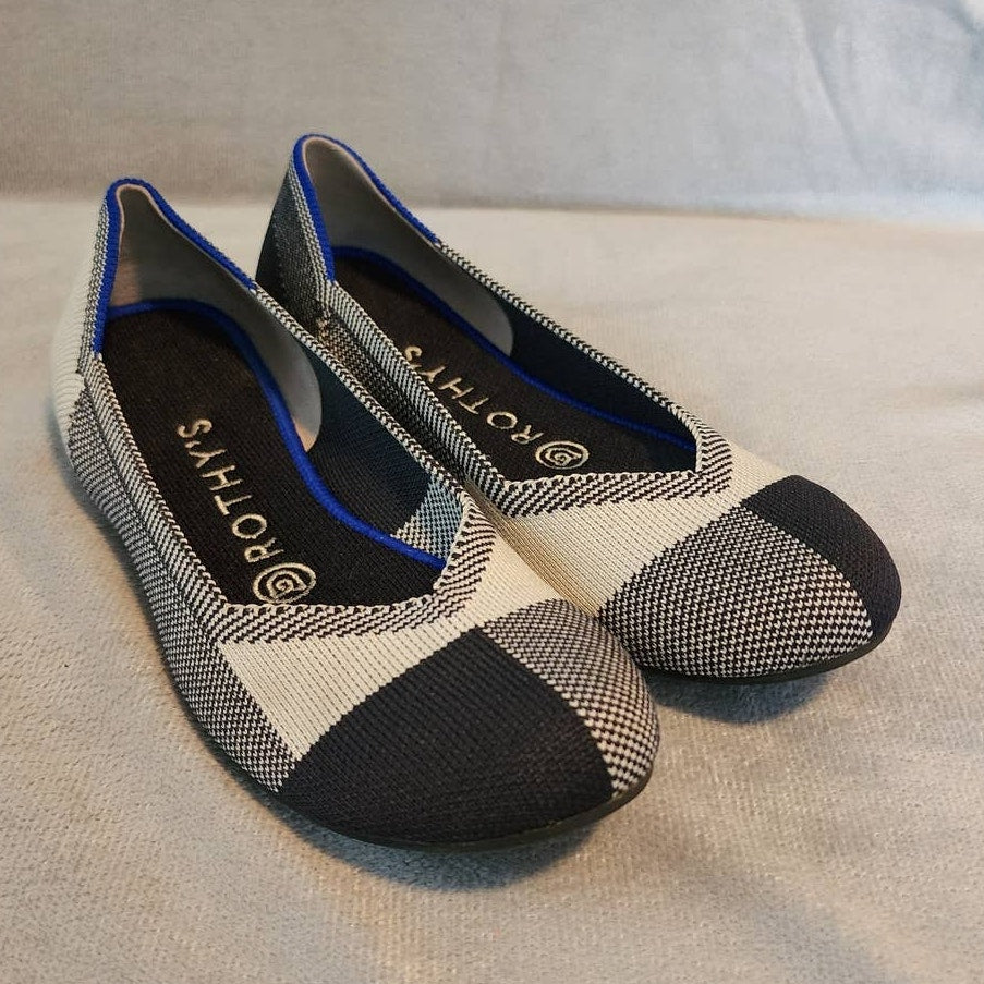 Rothy's Black & White Captoe Plaid Round Toe Flat Size 7