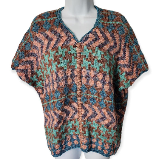 Vintage Joan Vaas Hand Knit Sweater Short Sleeve V-Neck Oversized Geometric