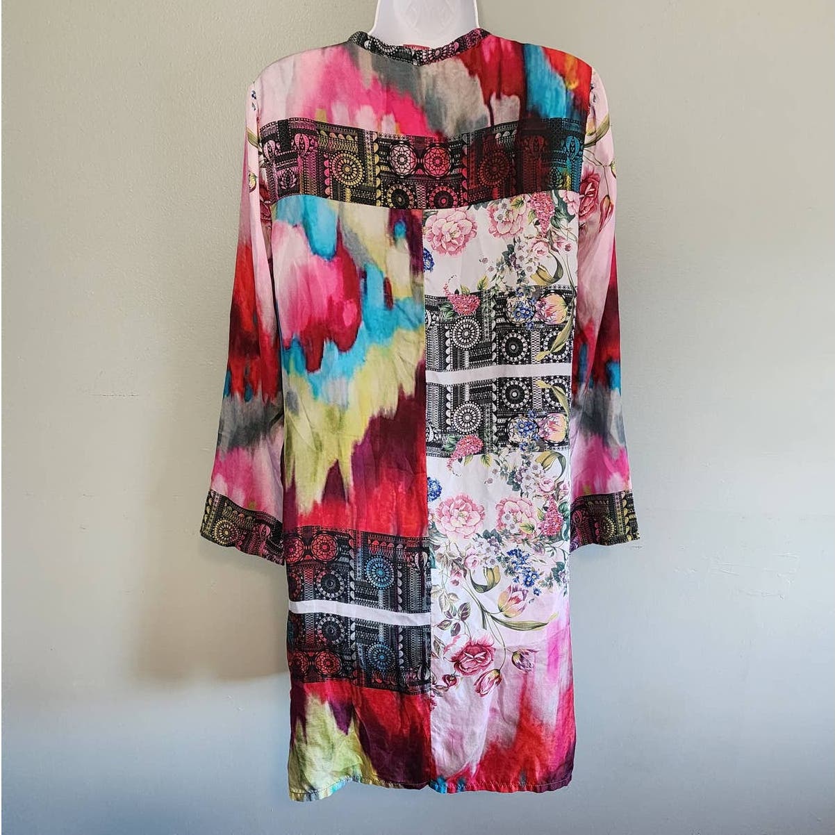 Johnny Was Beriah Multicolored Long Silk Button-Front Tunic size XS Oversized