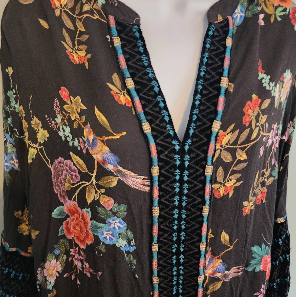 Johnny Was Black Floral Blouse V Neck with Velvet Trim Size Small