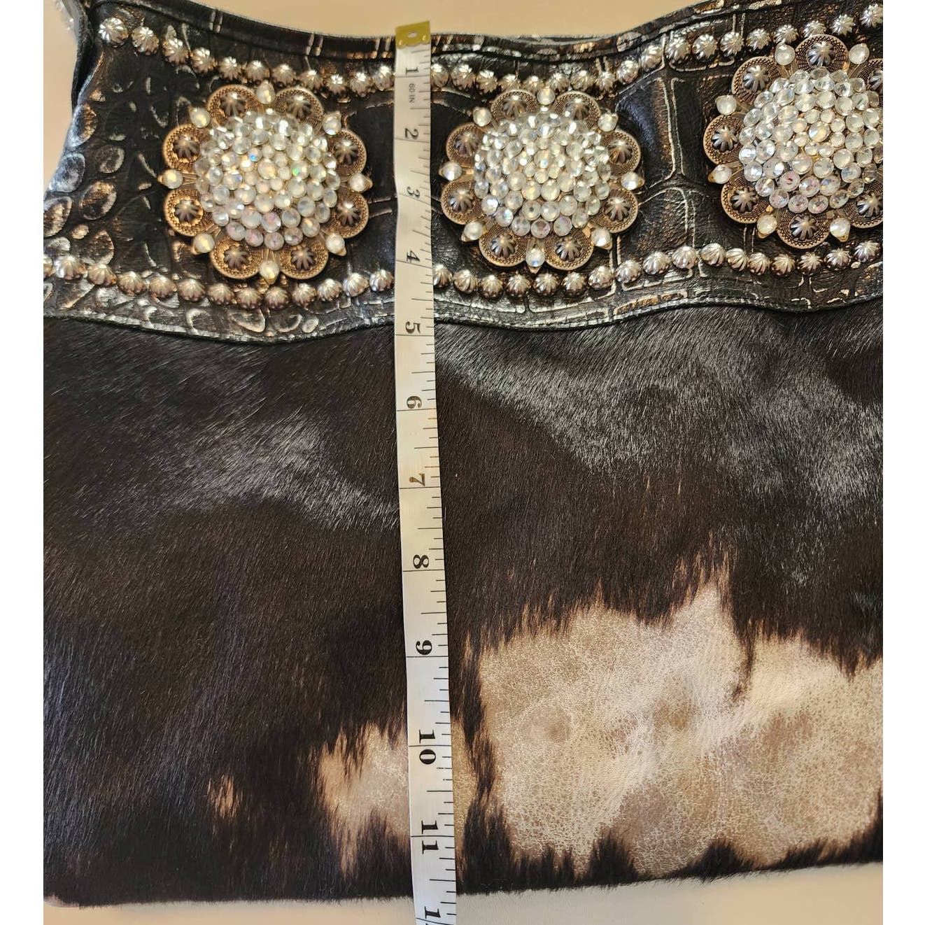 Raviani Shoulder Bag Black Calf Hair & Croc Embossed Leather Crystal Studded
