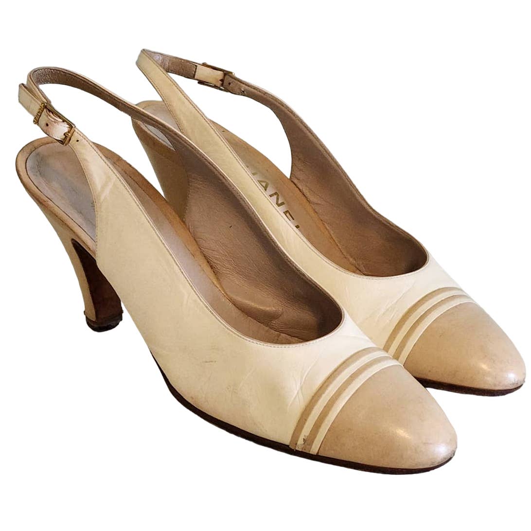 Vintage Chanel Cream and Tan Leather Slingback Heels