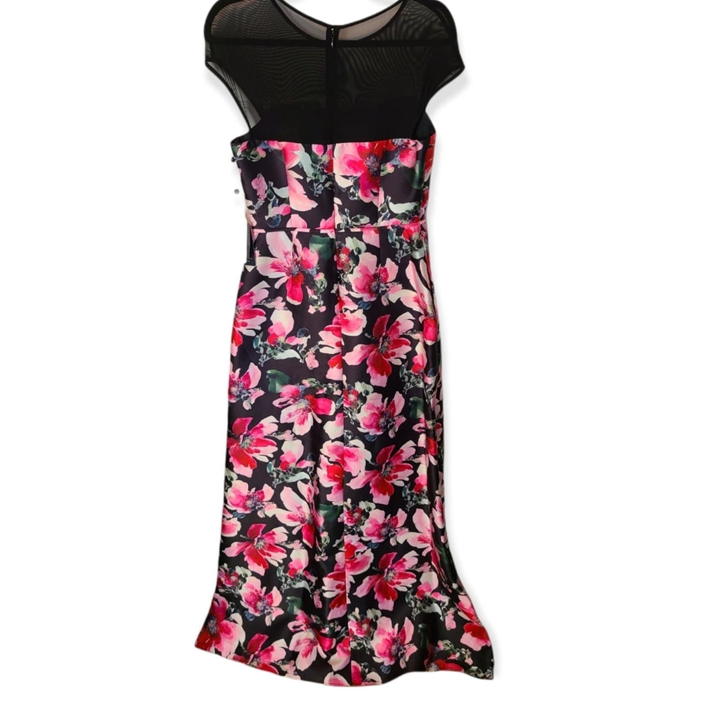 Adrianna Papell Sheer Neckline Pink and Black Floral Mikado Evening Gown