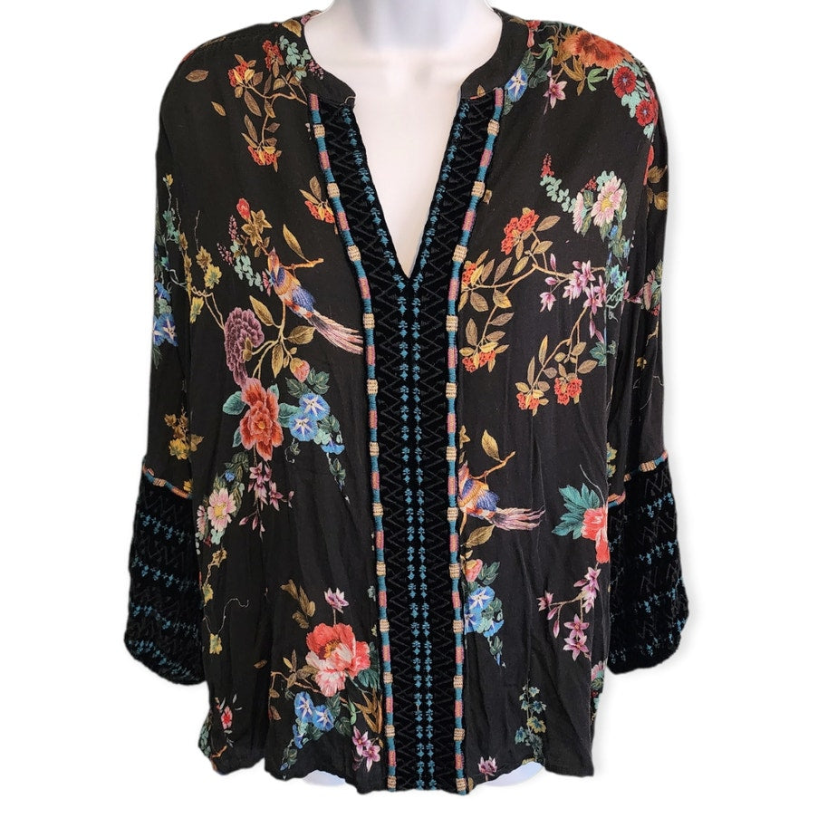 Johnny Was Black Floral Blouse V Neck with Velvet Trim Size Small