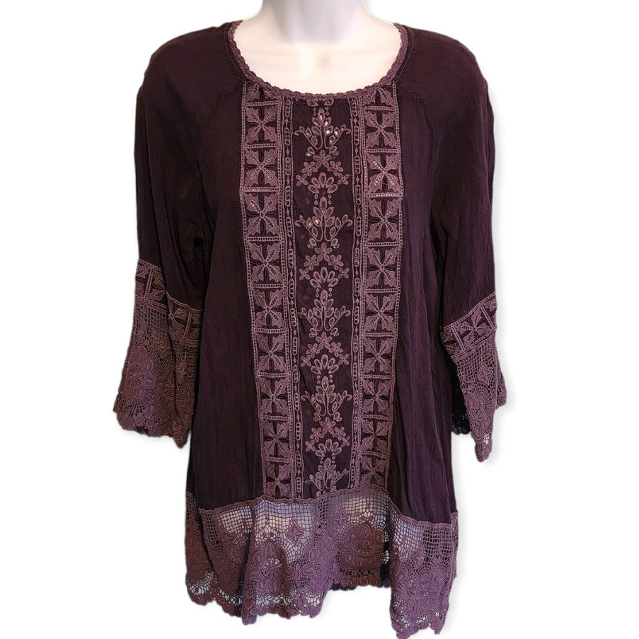 Johnny Was Purple Embroidered Lace Tunic Top Oversized Size XS