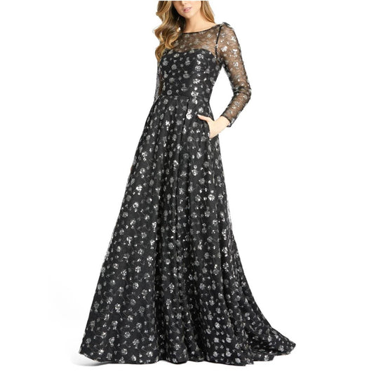Mac Duggal Floral Sequined Sheer Top Low Back Long Sleeve Black Lace Gown 12360D