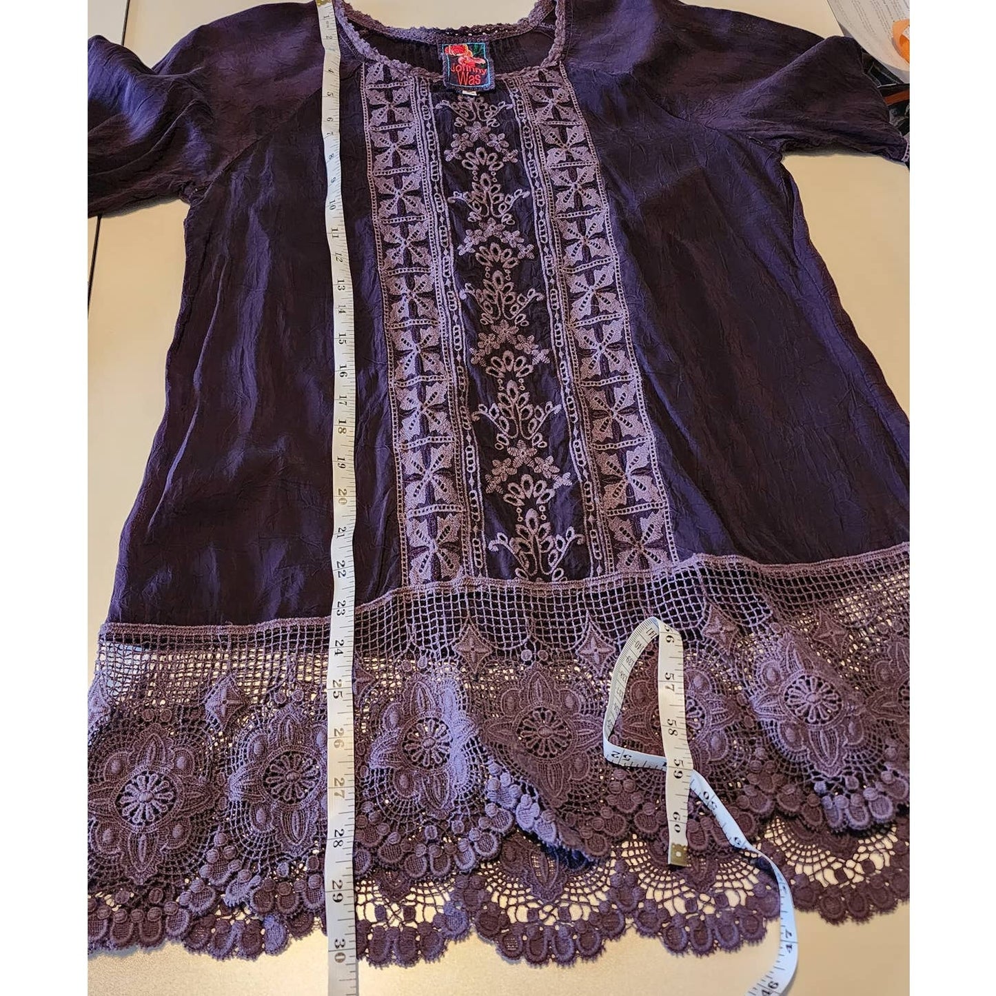 Johnny Was Purple Embroidered Lace Tunic Top Oversized Size XS