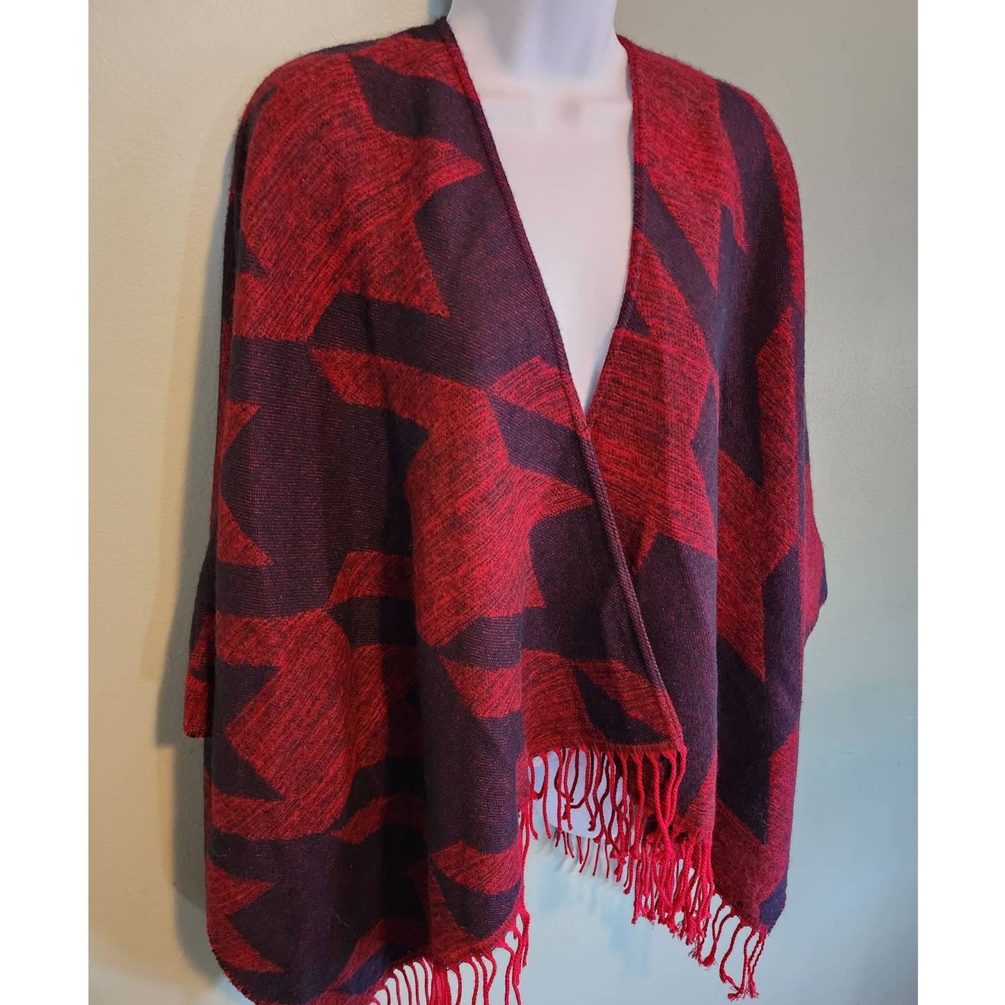 Maje Fringed Poncho Shawl Wool Blend Ermine Red Houndstooth Southwestern Style