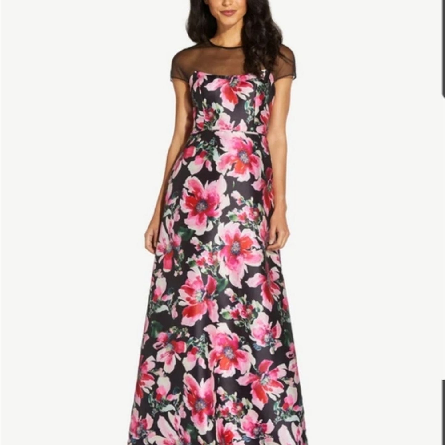 Adrianna Papell Sheer Neckline Pink and Black Floral Mikado Evening Gown